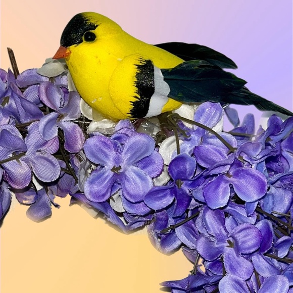 Handmade Heart-Shaped Purple & White Lilacs Floral Wreath w/Bird - Picture 2 of 2